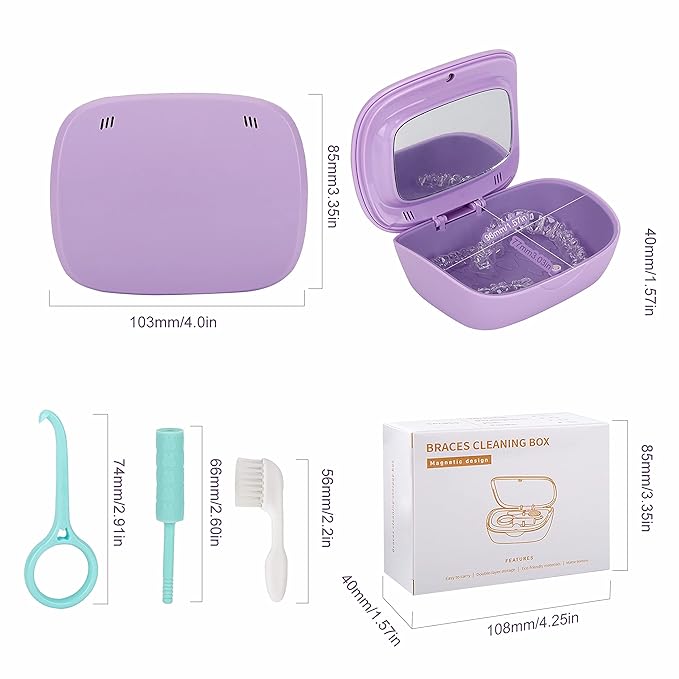 MURRI&MURRDI Retainer Case, Denture Bath Box with Strainer Basket, Mouth Guard Case, Braces Cleaner Cup, Cute Denture Holder Nightguard Storage Soak Container for Travel Cleaning (C Purple)