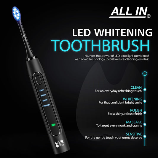 ALL IN Sonic Rechargeable LED Whitening Toothbrush - BLUE & RED LED Light Technology - 4 Advanced Deep Cleaning Modes with a Timer - Adult Toothbrush - BPA FREE and PHTHALATES FREE