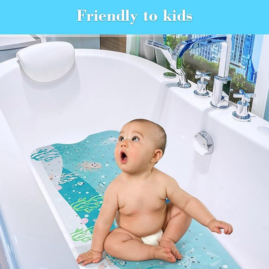 Bath Mat for Tub Non Slip, Machine Washable Anti-Slip Cartoon Baby Bathtub Shower Mat with Drain Holes and Suction Cups for Toddler & Kids (40 Inch x 16 Inch-Rectangular, 2-Whales)