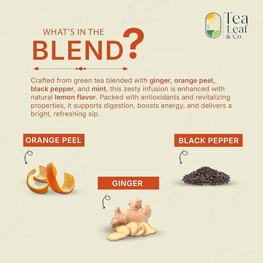 Lemon Ginger Green Tea Bags (50 Count), Green Tea with Orange Peel, Black Pepper & Mint Extract, Caffeinated, Real and Natural Green Tea, Blended with Fresh Herbs and Spices, Gluten Free