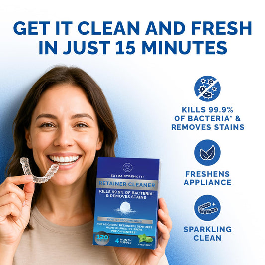 Retainer Cleaner Tablets for Invisalign Approved for Ultrasonic Cleaners -120 Denture Cleaning Tablets for Aligners, Night Guard, Mouth Guard - Denture Cleaner Tablets 4-Month Supply