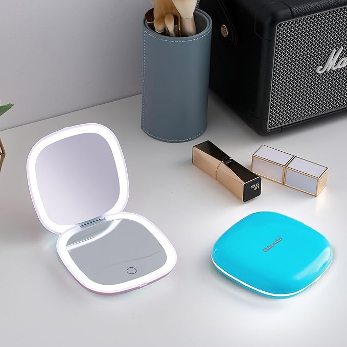 Mocado Compact LED Travel Makeup Mirror - 4 Inches 1X/10X Magnification Travel Mirror with Light Dimmable Double Sides Lighted USB Rechargeable Compact Mirror for Purse,Pocket,Travel(Blue)