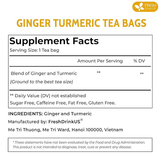 FreshDrinkUS, Premium 45 Ginger Turmeric Tea Bags, 100% Natural Ingredients, Hand-made Blend of Ginger and Turmeric Herbal Tea, Eco-conscious Tea Bags. No Sugar, No Caffeine, No Gluten, Vegan.