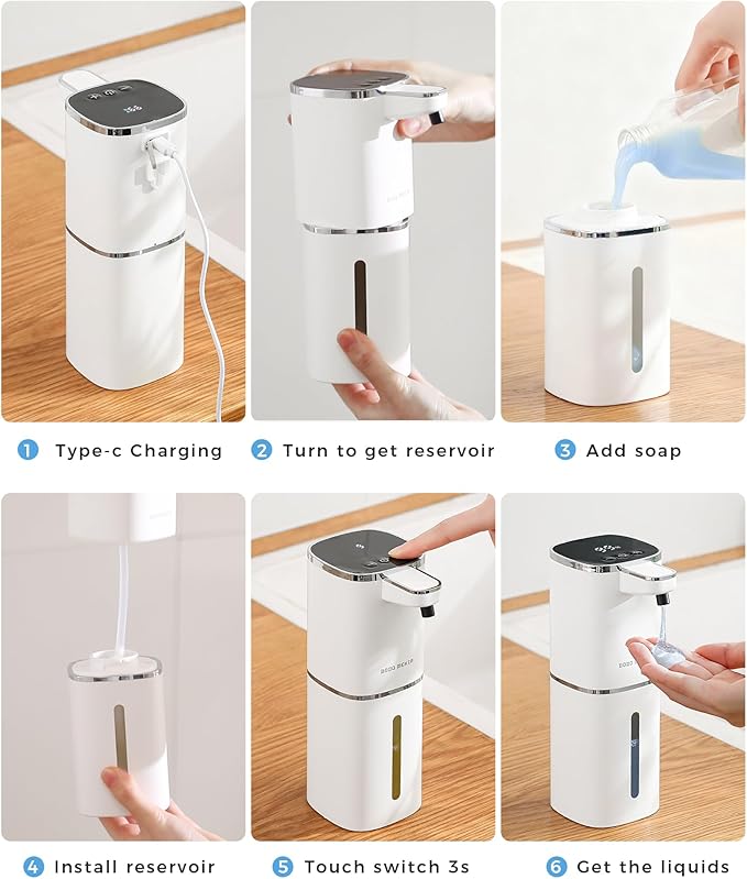 2 Pack Automatic Liquid Soap Dispenser, 12.8oz Rechargeable, Adjustable Liquid Levels, IPX5 Waterproof, Touchless & Wall/Tabletop Use for Kitchen Bathroom, White