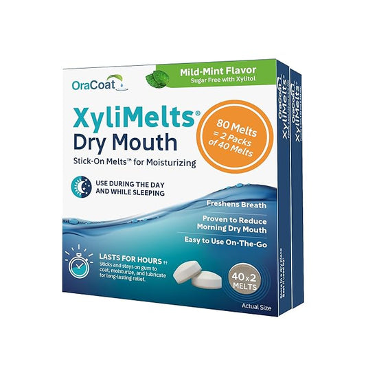 Oracoat XyliMelts for Dry Mouth Night Time or Day - Moisturizing Dry Mouth Adhering Discs, Sugar Free with Xylitol, 80 Count (2 X 40 Twin Pack), Mild Mint Flavor, 8-Hour Relief