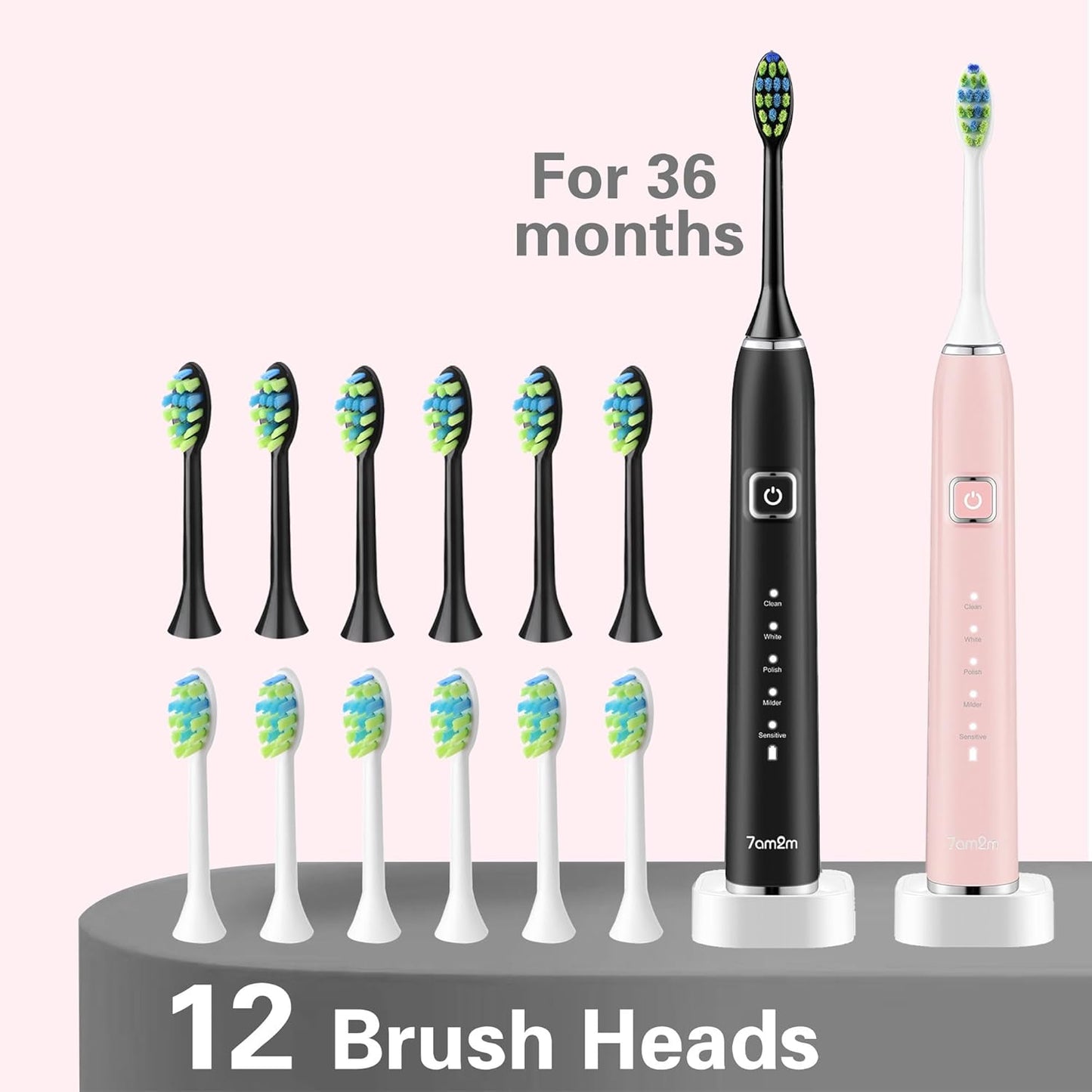 7AM2M Electric Toothbrush 2 Pack Set for Kids and Adults, 12 Brush Heads,5 Adjustable Modes, Built-in 2-Minute Smart Timer,Wireless Fast Charge for 60 Days,IPX7 Waterproof SonicToothbrush(Black+Pink)