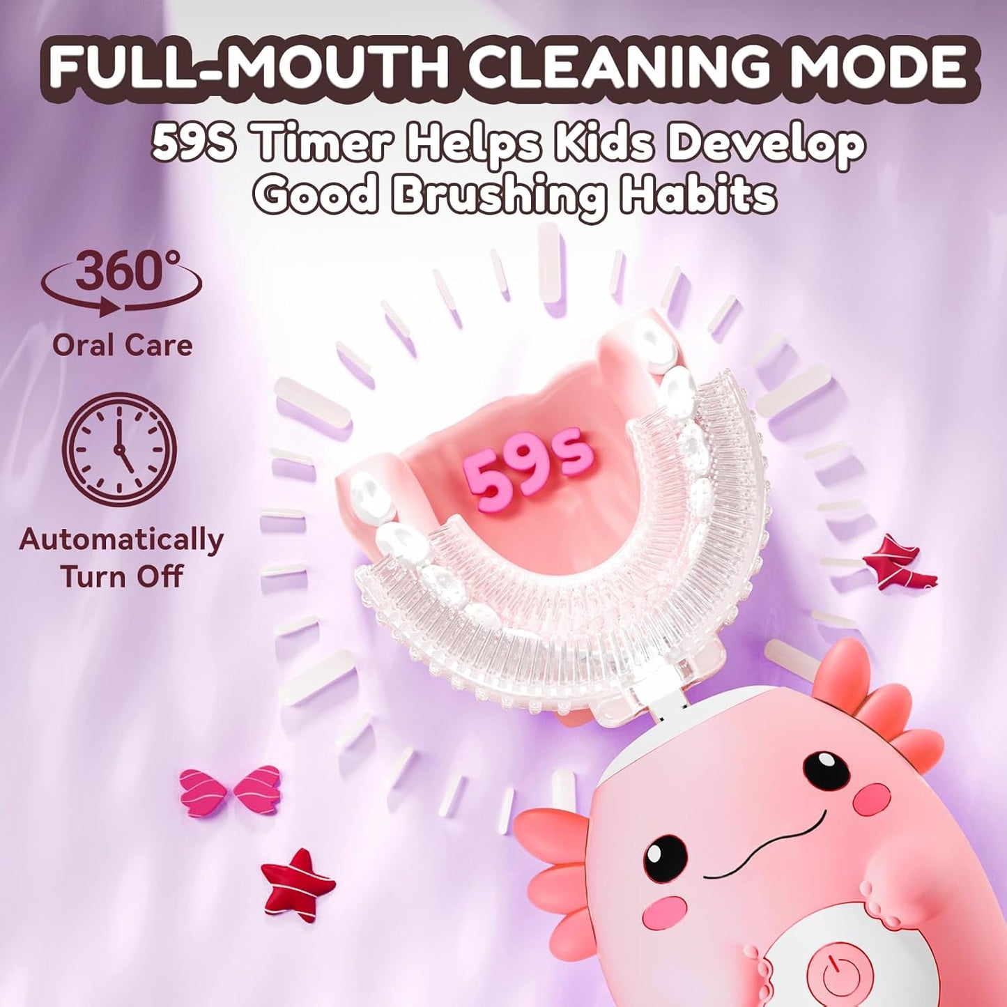 Kids Electric U Shaped Toothbrush - Axolotl Kids Sonic Toothbrush with 6 Brush Head Automatic Rechargeable 6 Cleaning Modes Full Mouth Cleaning-Pink