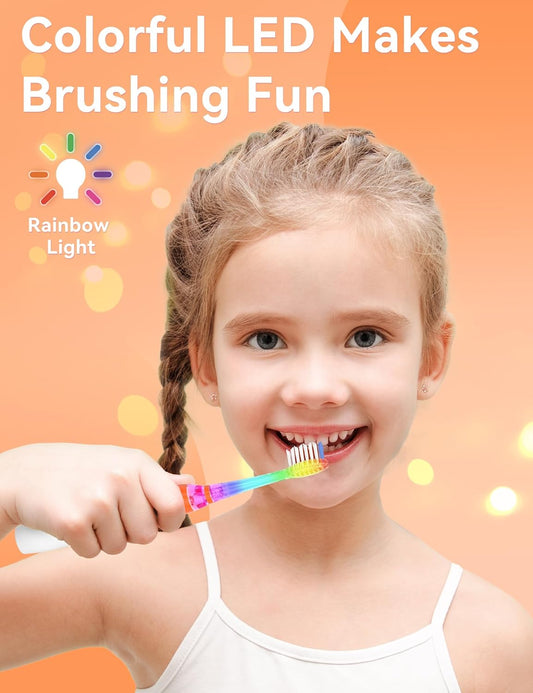 SEAGO Kids Electric Toothbrush with 2 Mins Brushing Timer and 4 Replacement Bursh Heads, Rainbow LED Light Make Brushing Fun, Boys Battery Powerd Toothbrush for 4-12 Years Old,SG-977(Orange)