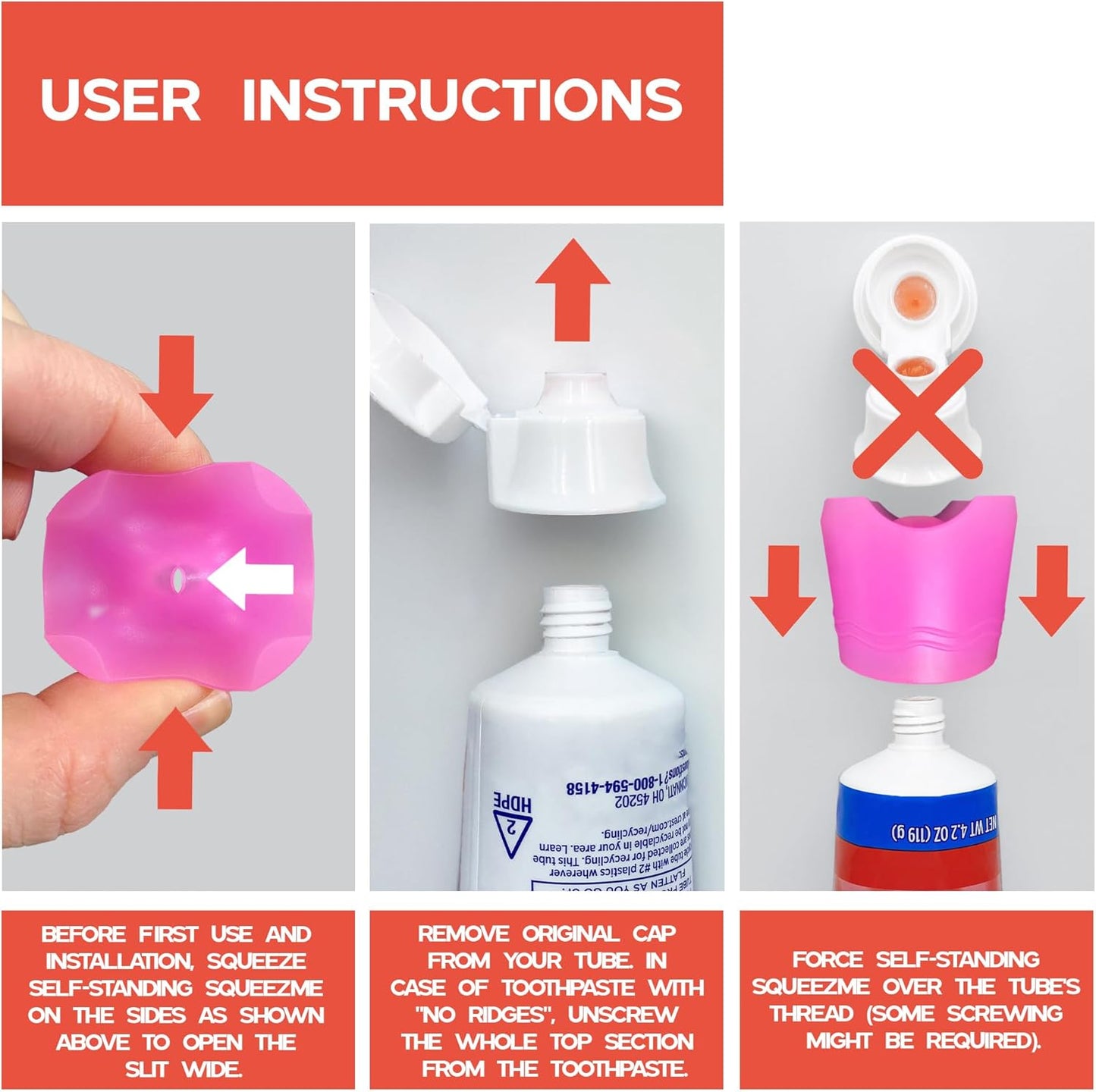 Chrome Cherry SqueezMe Self-Closing Toothpaste Caps, Silicone Lid for Kids & Adults, No Mess Toothpaste Dispenser, Self-Standing Easy Squeezer Cap, Bathroom Accessory, Self-Standing Pink, Pack of 1