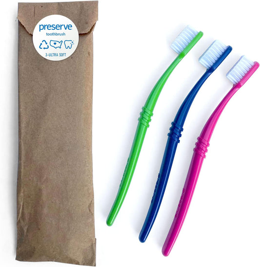 Preserve Eco Friendly Adult Toothbrushes, Made in The USA from Recycled Plastic, Lightweight Paper Packaging, Ultra Soft Bristles, Colors Vary, 3 Count