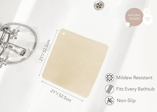 HEVEA Natural Rubber Wave Bath Mat – Square 21x21 in | Non-Slip Shower & Bathtub Mat with 364 Suction Cups, Plastic-Free & Biodegradable (Sand)