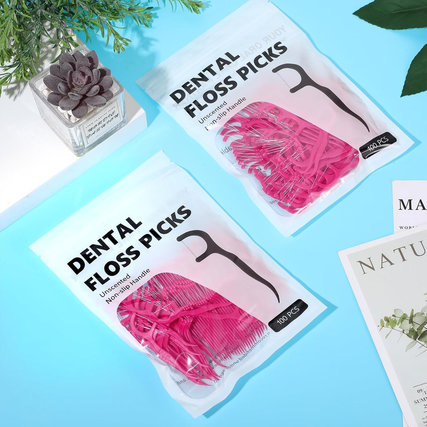 Baderke 200 Count Floss Picks Bulk Non Breakable Tooth Picks Flosser Dental Floss Sticks for Adults Teeth Cleaning Dental Flossers for Family Pack Travel(Hot Pink)