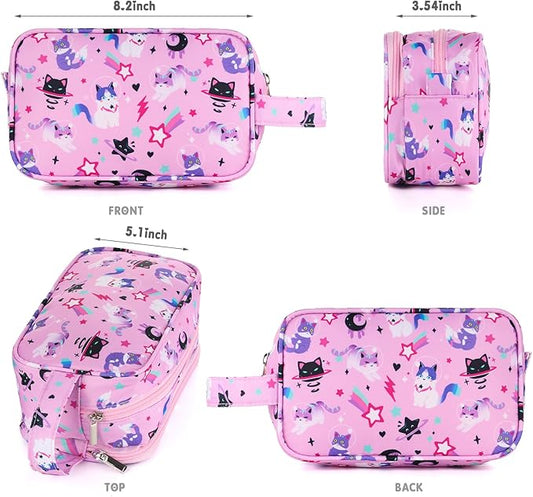 Kids Toiletry Bag for Girls, Travel Toiletry Bag for Little Young Girls Cosmetic Bag Makeup Bag Waterproof Hanging Wash Bag Toddler Toiletries, Cat Pink