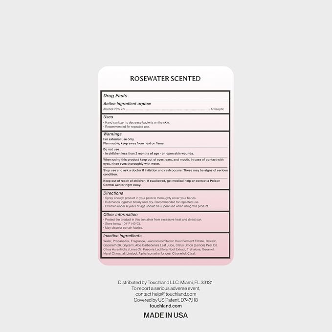 Touchland Glow Mist Revitalizing Hand Sanitizer Spray, Rosewater scented, 1FL. OZ. Travel Size