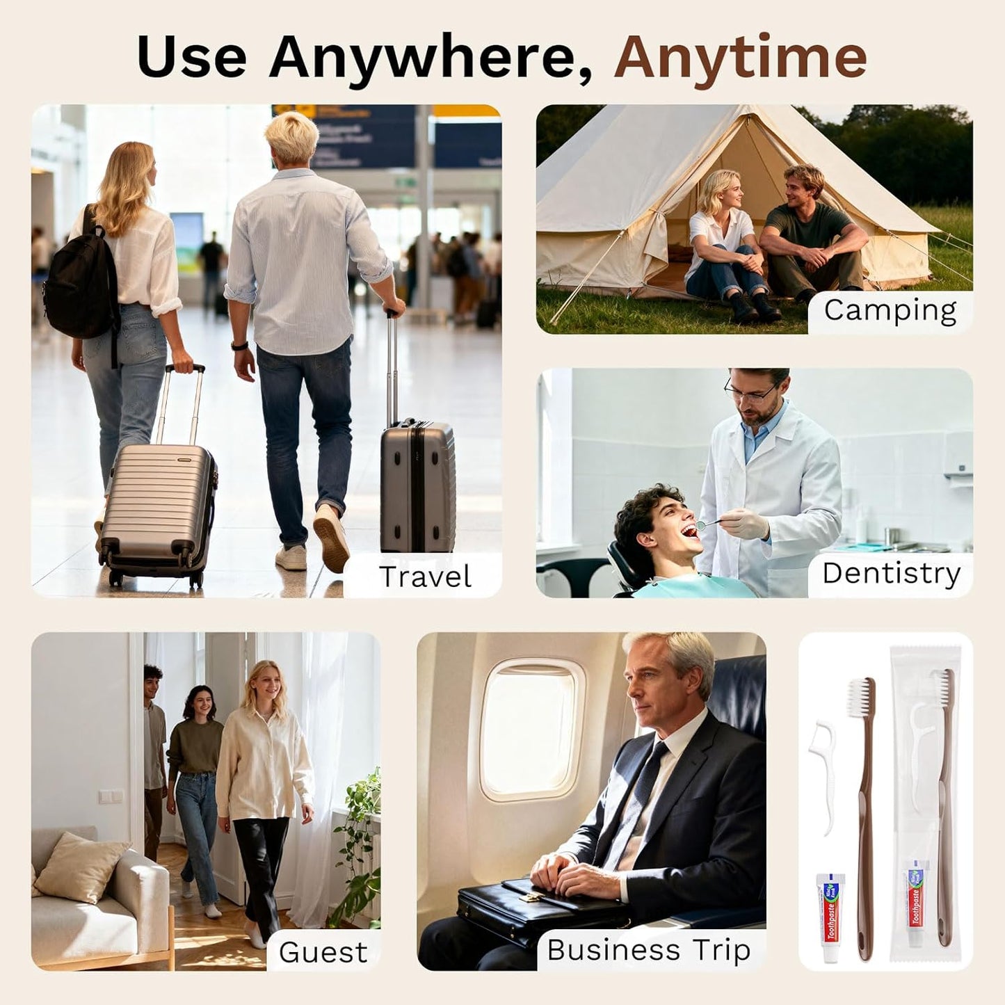 Disposable Toothbrushes with Toothpaste, Travel Toothbrush Kit, Individually Packaged, Brown, with Floss Picks, Suitable for Hotel, Home, Camping, Travel (100-PACK)