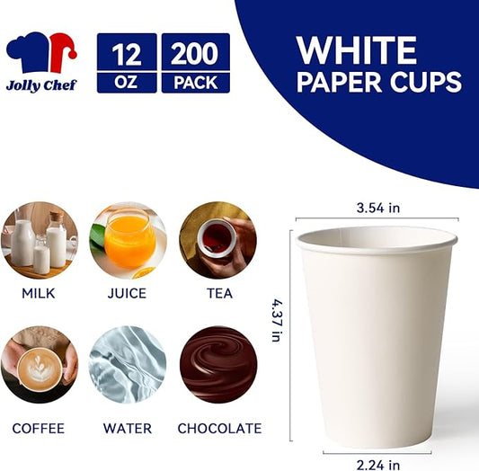JOLLY CHEF 200 Count 12 oz Coffee Cups, Leak-Proof White Paper Cups for Coffee, Water, Juice, or Tea, Suitable for Party, Picnic, Travel, and Events