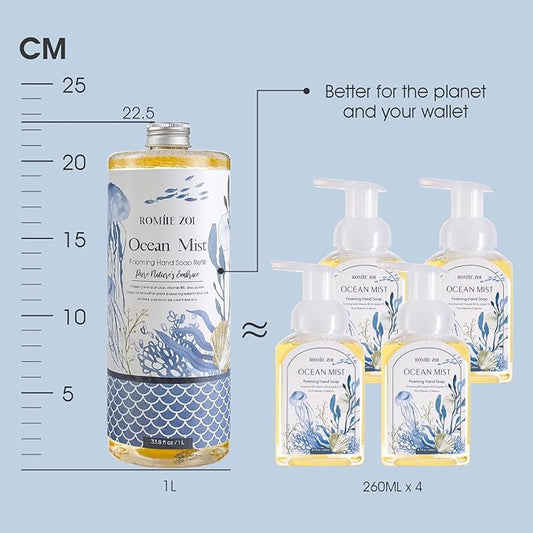 ROMIIE ZOI Hand Soap Refills, Foaming Hand Soap Natural Plant Moisturizing Handsoap Fragrance Ocean Mist - Soft Hand Wash for Kitchen & Bathroom - with Foam Soap Dispenser 1L/33.8oz Pack 0f 3