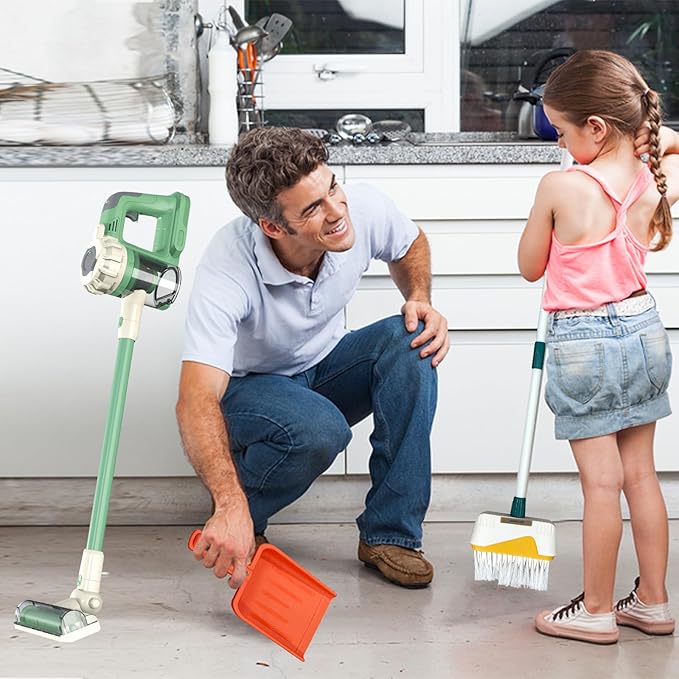 Kids Vacuum That Really Works 9Pcs Aged 3+ Kids Cleaning Set for Toddlers Toy Cleaner Broom and Dustpan Set Scrub Brushes Baby Boy Girl Gifts ( 950Green)