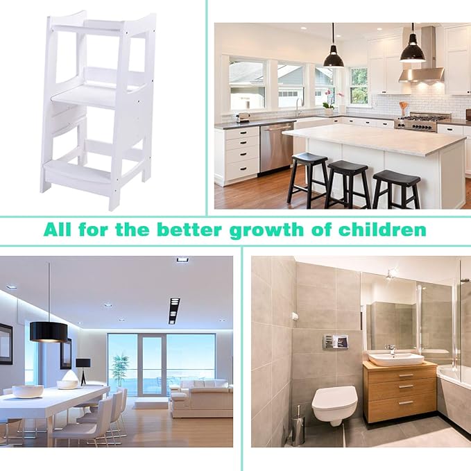 Toddlers Kitchen Step Stool with Safety Rail Kids Wooden Standing Tower for Kitchen Counter and Bathroom Sink, 3 Heights Adjustable Step Up Stool Mothers' Helper, Solid Wood Construction, White