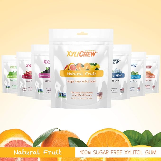 Xylichew 100% Xylitol Chewing Gum - Non GMO, Non Aspartame, Gluten Free, and Sugar Free Gum - Natural Oral Care, Relieves Bad Breath and Dry Mouth - Fruit, 50 Count