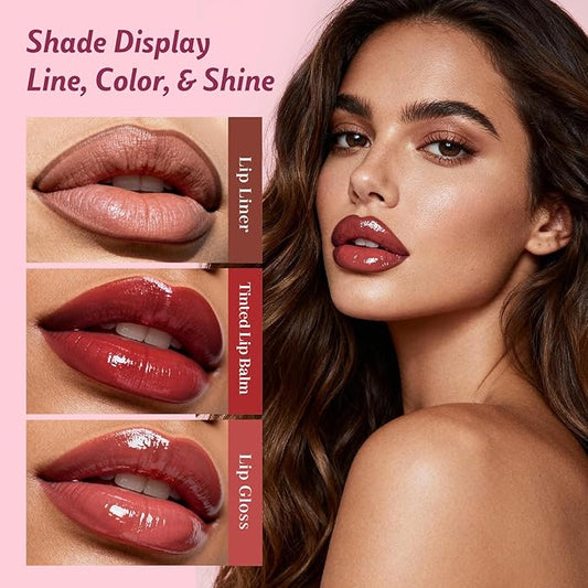 KIMUSE 3PCS Lip Combo Set - Matte Lip Liner Pencil + Hydrating Tinted Lip Balm + Juicy Lip Gloss Tint, Non-Sticky, Long-Lasting, High Pigment Lip Makeup Kit (Berry Mousse Set)