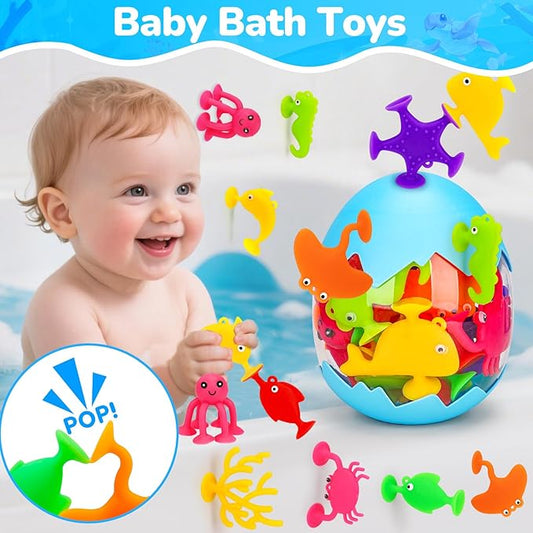 Toddler Suction Cup Bath Toys, Ocean Animal Bath Toys for Kids Ages 3-5 4-8 No Hole Mold Free Bathtub Window Building Toys Christmas Stocking Stuffers for 3 4 5 Year Old Boys Girls Birthday Gifts