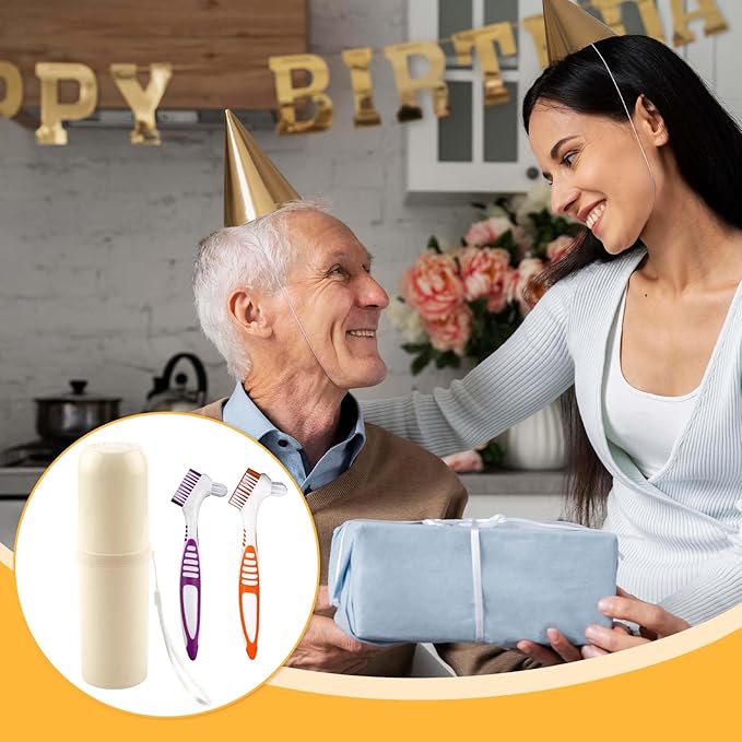 Denture Cleaning Brush Set,Unique Anti-mold Perforated Breathable Cover Denture Cleaning Brush Set with 1 White Carrying Case, Multi-Layered Bristles Ergonomic Rubber Handle for Denture Toothbrush (2)