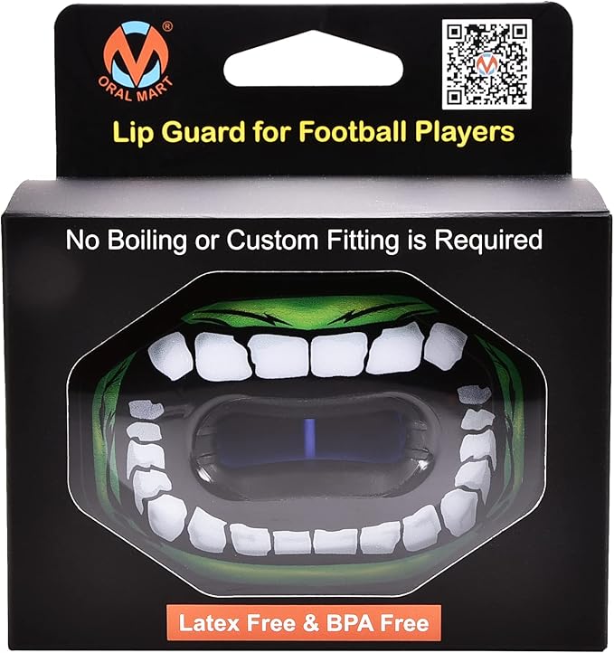 Oral Mart Flag Football Mouth Guard with 3D LipFit Design for Kids - Youth Tackle Football Mouthguard (No Boil) Cool Instant Fit Lip Guard Mouthpiece for Braces (Detachable Helmet Strap Included)