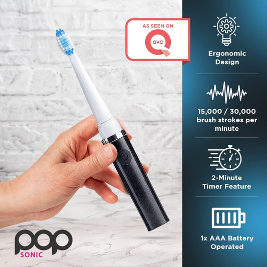 Pop Sonic Electric Toothbrush (Black + 4 Brush Heads) - Travel Toothbrushes w/AAA Battery | Kids Electric Toothbrushes with 2 Speed & 15,000-30,000 Strokes/Minute, Dupont Nylon Bristles