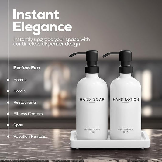 White Glass Soap and Lotion Dispenser Set with Tray by Brighter Barns - Hand Soap Dispenser Bathroom Set & Stainless Steel Pump for Home, Vacation Rental - Modern Bathroom Accessories & Decor (White)