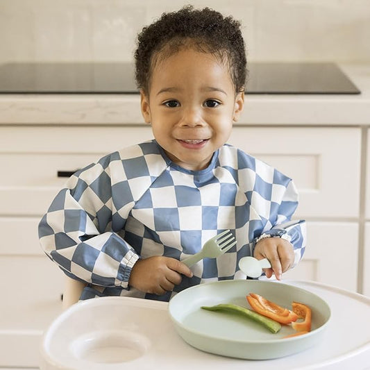 Tiny Twinkle Long Sleeve Bib for Babies & Toddlers – Waterproof Smock Bib for Eating – Machine Washable & Mess-Proof, Baby Feeding Essential & Shower Must-Have(Checkers Blue, 6–24M)