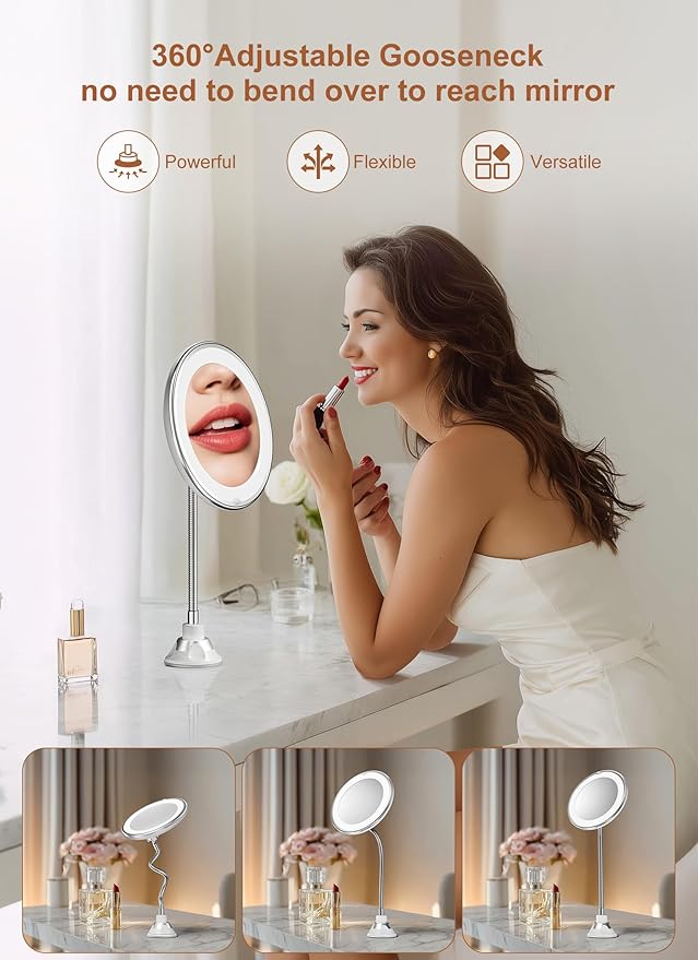 10x Magnifying Mirror with Light, Flexible Gooseneck Make up Mirror with Lights and Magnification, Battery Operated Cordless with Suction Cups for Wall Bathroom