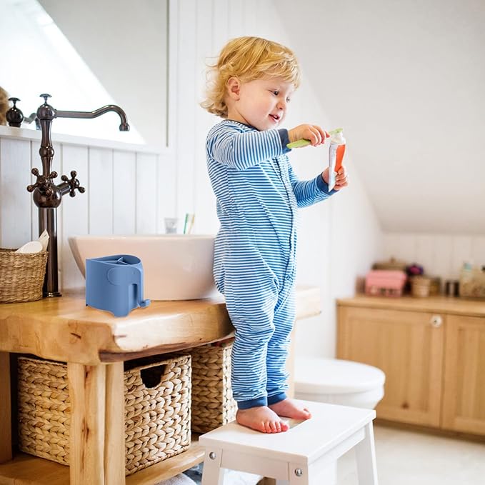 RyanLemon Elephant Toothbrush Holder for Toddler, Suction Cup Cute Toothbrush Holder for Kids, for Bathroom, with 3 Slots and 1 Hook, Sky Blue