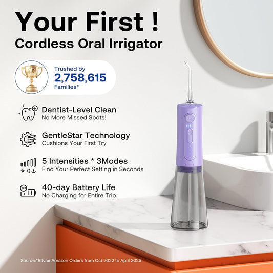 Bitvae Water Dental Flosser Teeth Pick, Portable Water Teeth Cleaner Picks, IPX7 Waterproof Oral Irrigator, 3 Modes 5 Intensities, USB Rechargeable Water Dental Picks for Cleaning - Lavender