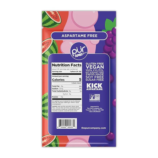 PUR Jumbo Gum | Aspartame Free Chewing Gum | 100% Xylitol | Natural Bubblegum, Grape, Watermelon Flavor, 20 Pieces (Pack of 10)