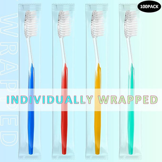Patelai Disposable Toothbrushes Individually Wrapped Toothbrushes Medium Soft Bristle Tooth Brush Manual Disposable Travel Toothbrush Set for Adults Kids Travel Toiletries, 4 Colors (100 Pieces)