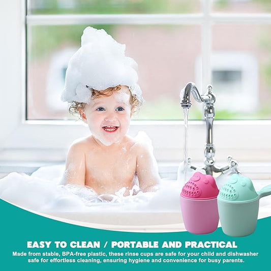 2Pcs Baby Bath Rinse Cup, Detachable Tear-Free Waterfall Bath Cup for Rinsing Hair, Portable Baby with Handle, Cartoon Rinser for Babies Kids