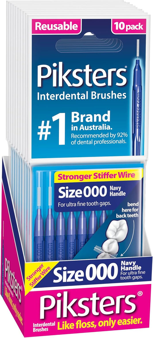 Piksters Interdental Brushes, Size 000, 100 Count (10 x 10 Packs), Interdental Tooth Brush for Extremely Tight and Fine Gaps, Gum Soft Bristles for Plaque Removal, Safe for Braces (100pk)