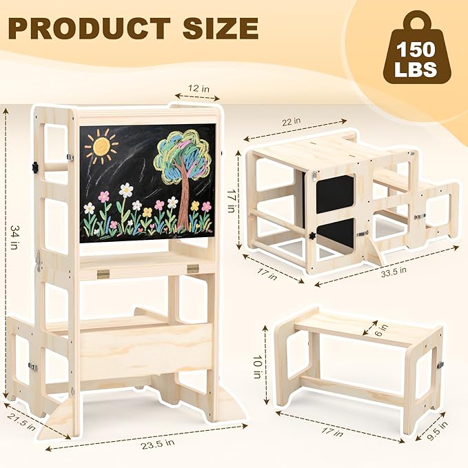 Toddler Kitchen Step Stool, 4-in-1 Foldable Standing Tower with Blackboard, Toddler Step Stool for Bathroom Sink, Kitchen Counter, Ages 18 Months to 4 Years