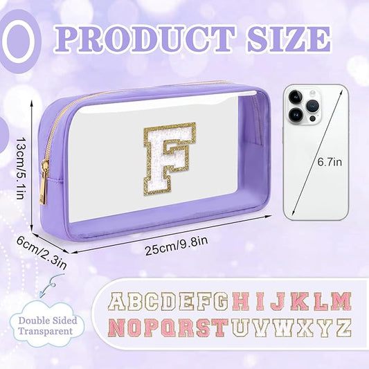 Small Clear Personalized Initial Makeup Bag,Nylon Preppy A-Z Chenille Letter Patch Cosmetic Pouch Beach Toiletry Bag,Waterproof Zip Travel Purse Storage Bag Organizer for Women Girls(Purple-White F)
