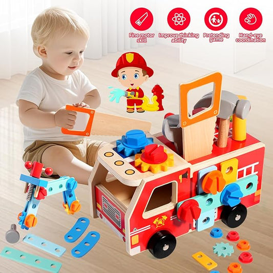 Toddler Tool Set - 33 PCS Wooden Kids Tools with Firetruck-Shaped Box / Bench, Montessori Educational Pretend Play Preschool Toys Gifts for 3 Year Old boy Girl Kids, STEM fine Motor Skills Tool Set
