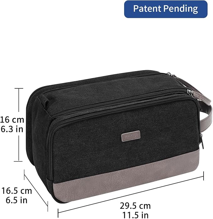 WANDF Toiletry Bag for Men Travel Toiletry Organizer Canvas and Leather Dopp Kit Water-Resistant Shaving Bag for Travel Accessories (Black, Large)
