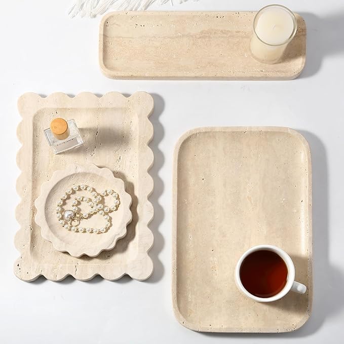 Koville Romano Travertine Tray, 12"x8" Natural Stone Vanity Tray for Countertop Bathroom Kitchen Dresser, Decorative Marble Catchall Trays for Perfume Jewelry, Rectangular Serving Tray(Beige)