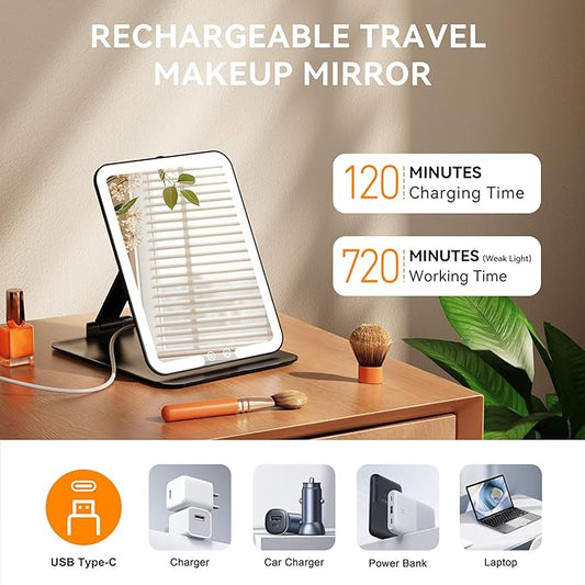 Auxmir Travel Makeup Mirror with 3 Dimmable Color Lights, Portable Foldable LED Lighted Travel Makeup Mirror, Rechargeable Compact Vanity Mirror with Light, Adjustable Height and Angle for Desk, Black