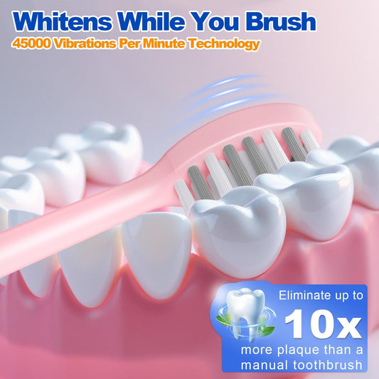 Sonic Electric Toothbrush for Adults and Kids, Rechargeable Toothbrush With 8 Brush Head, 4 Modes and 2 Minute Timer, 42000VPM Power Motor, IPX8 Waterproof, 4 Hours Fast Charge last 90 days (Pink)