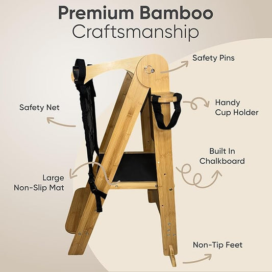 SK Designs Foldable Toddler Tower with Cup Holder - Kitchen Learning Stool Helper, Montessori Kids Standing Tower for Counter, Collapsible, Adjustable Baby Step Stool with Safety Net for Bathroom Sink
