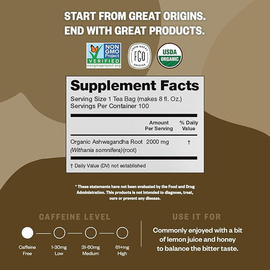 FGO Organic Ashwagandha Tea, 100 Count, Eco-Conscious Herbal Tea Bags, Resealable Bag, Caffeine Free, Packaging May Vary (Pack of 1)