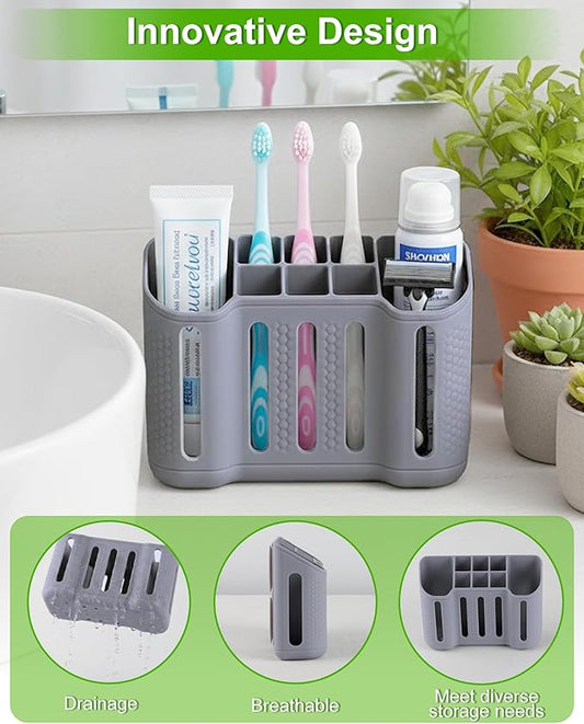 Tooth Brush Holder for Bathroom, Silicone Toothbrush Holder with Drainage, Bathroom Organizers and Storage, 8 Slots Kids Electric Toothbrush and Toothpaste Holde Drainage