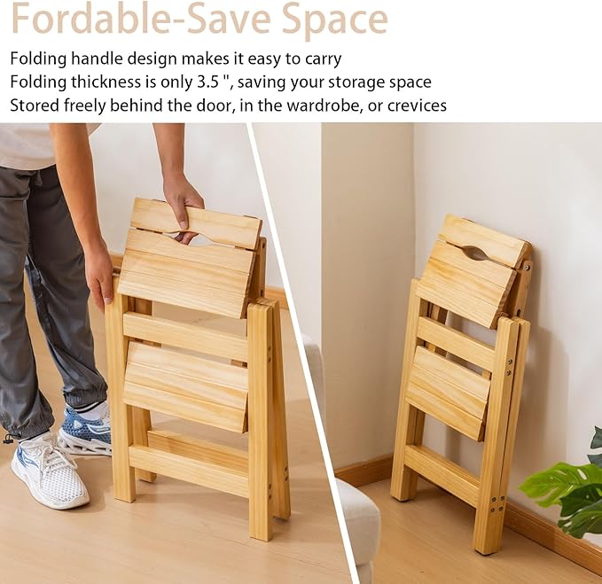 Latifolia Foldable 2 Step Stool, Wooden Step Stool with Floor Saver, Decorative Ladder Shelf for Living Room, Kitchen, Garden(Nature)