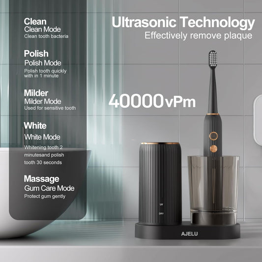 Sonic Electric Toothbrush for Adults with Drying Storage Holder, 8 Brush Heads, Smart Timer, USB Rechargeable, Deep Clean Power – Classic Black Edition